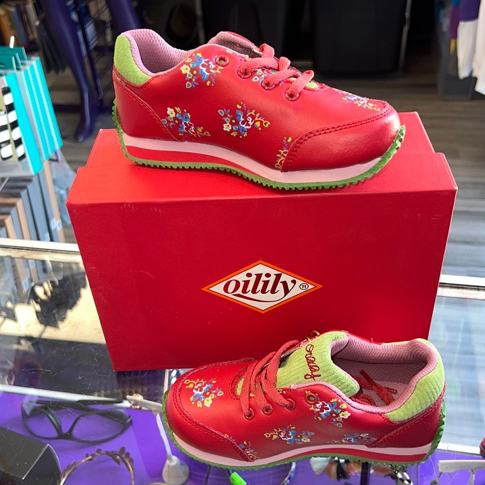 Oilily red floral embroidered kids sneakers